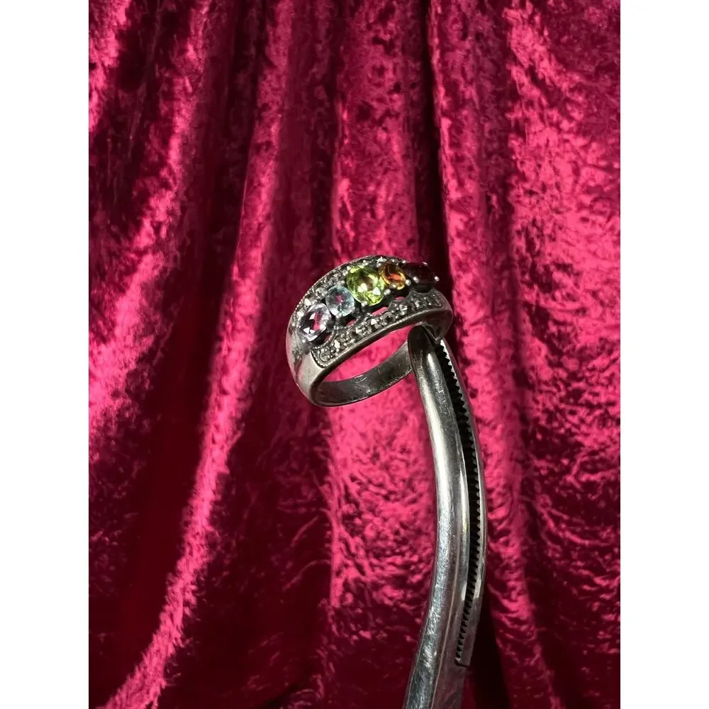Vintage Sterling Silver Chunky Ring - Multi Gemstone Marcasite Band - Size 9.25